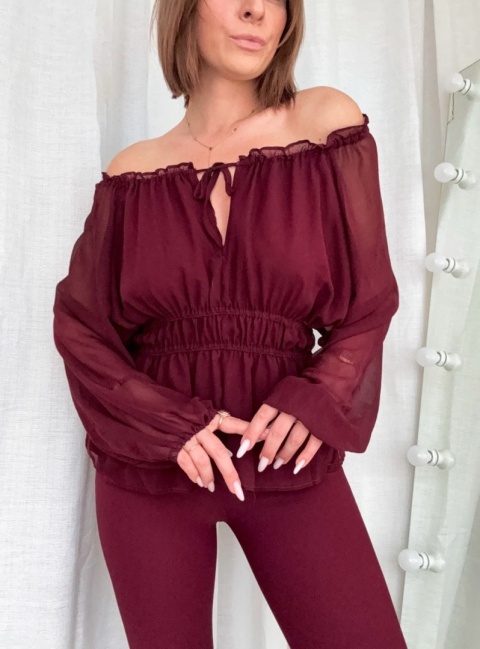 Bluzka z gumowanym dekoltem Boho Elegance bordowa