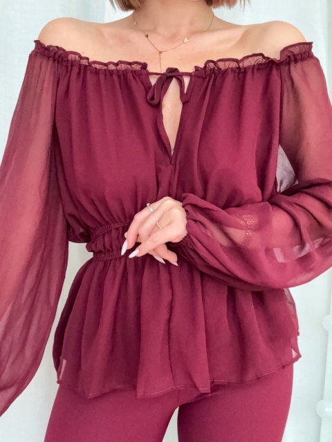 Bluzka z gumowanym dekoltem Boho Elegance bordowa