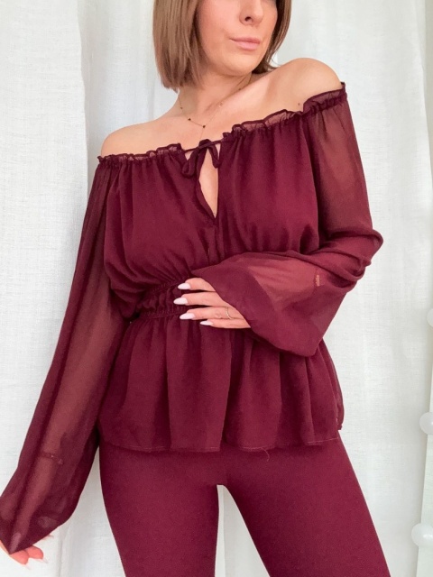 Bluzka z gumowanym dekoltem Boho Elegance bordowa