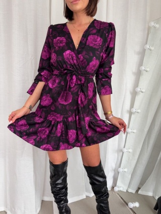 Sukienka kopertowa Autumn Melody fioletowe kwiaty
