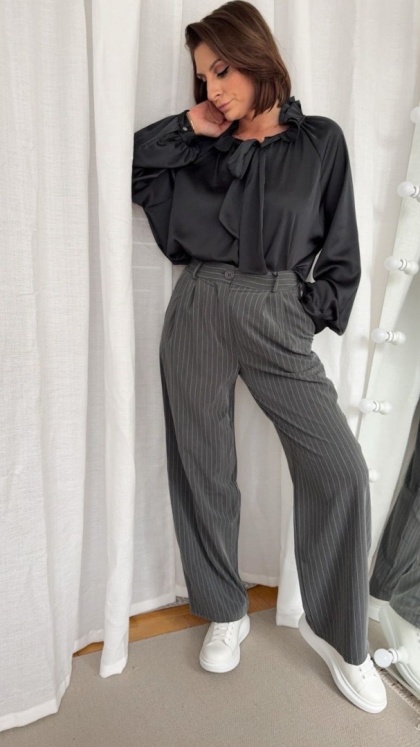 Szerokie spodnie Wide Leg Stripe grafitowe z białym prążkiem