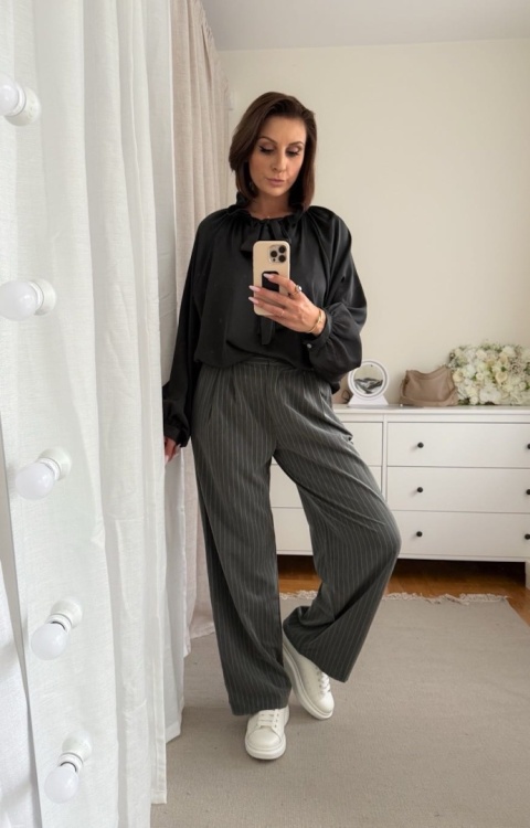 Szerokie spodnie Wide Leg Stripe grafitowe z białym prążkiem